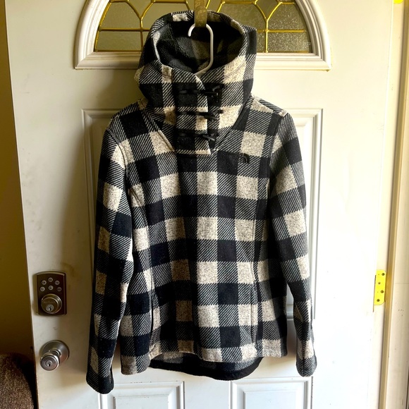 The North Face Plaid Fleece Cowl Turtleneck Crescent Hooded Sweater Pullover EUC - Picture 1 of 4